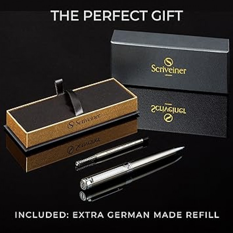 Scriveiner 스테인리스 스틸 볼펜 - 스테인리스 스틸 마감, Schmidt Black Stunning Luxury Pen with Refill, 남성 및 여성을 위한 최고의 볼펜 선물 세트, 전문가, 중역, 사무실, 멋진 펜