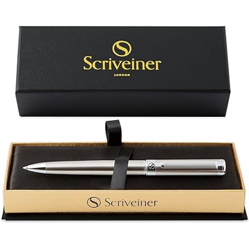 Scriveiner 스테인리스 스틸 볼펜 - 스테인리스 스틸 마감, Schmidt Black Stunning Luxury Pen with Refill, 남성 및 여성을 위한 최고의 볼펜 선물 세트, 전문가, 중역, 사무실, 멋진 펜