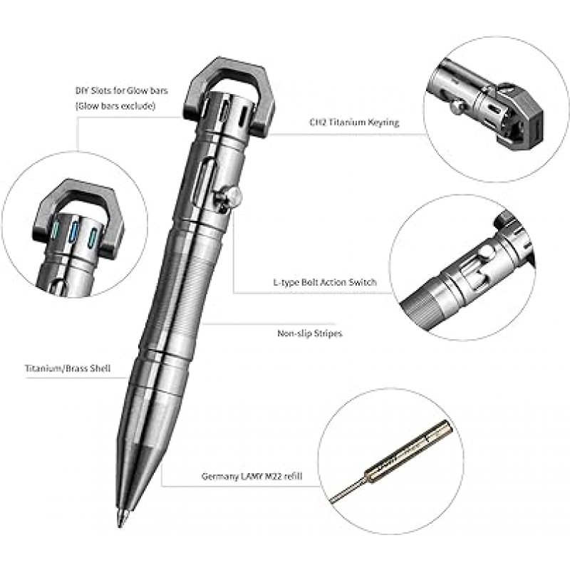 MecArmy TPX8 미니 티타늄/황동/구리 볼트 액션 전술 펜, 1D 키링이 있는 키체인 전술 펜(티타늄)