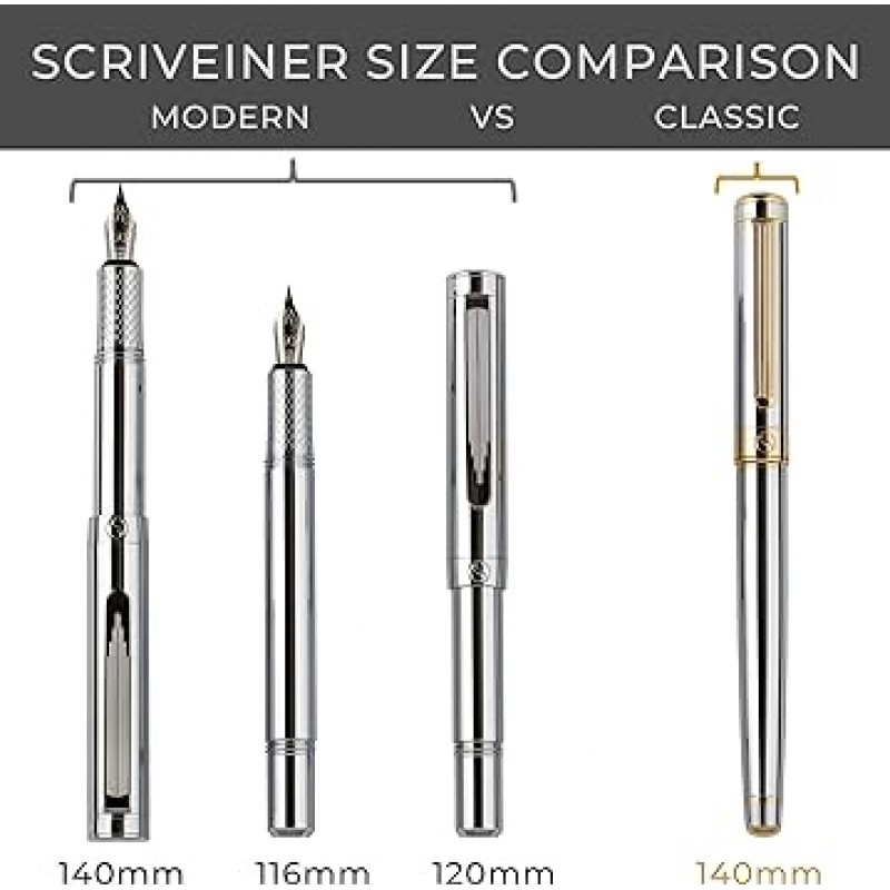 Scriveiner 럭셔리 EDC 만년필 (파인 포인트) 화려한 무거운 주머니 펜 크롬 마감 슈미트 독일 펜촉 변환기 남성 여성을위한 최고의 쓰기 펜 선물 세트 멋진 세련된 사무실 디자이너 펜