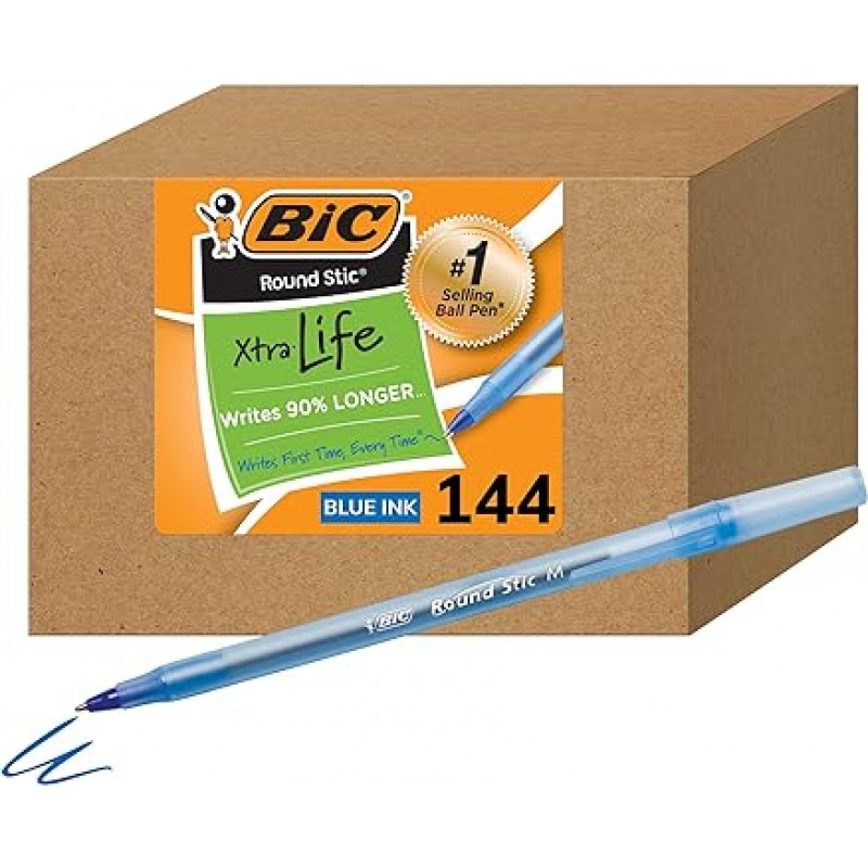 BIC 볼펜 라운드 스틱 엑스트라 라이프 미디엄 포인트 144 카운트 블루