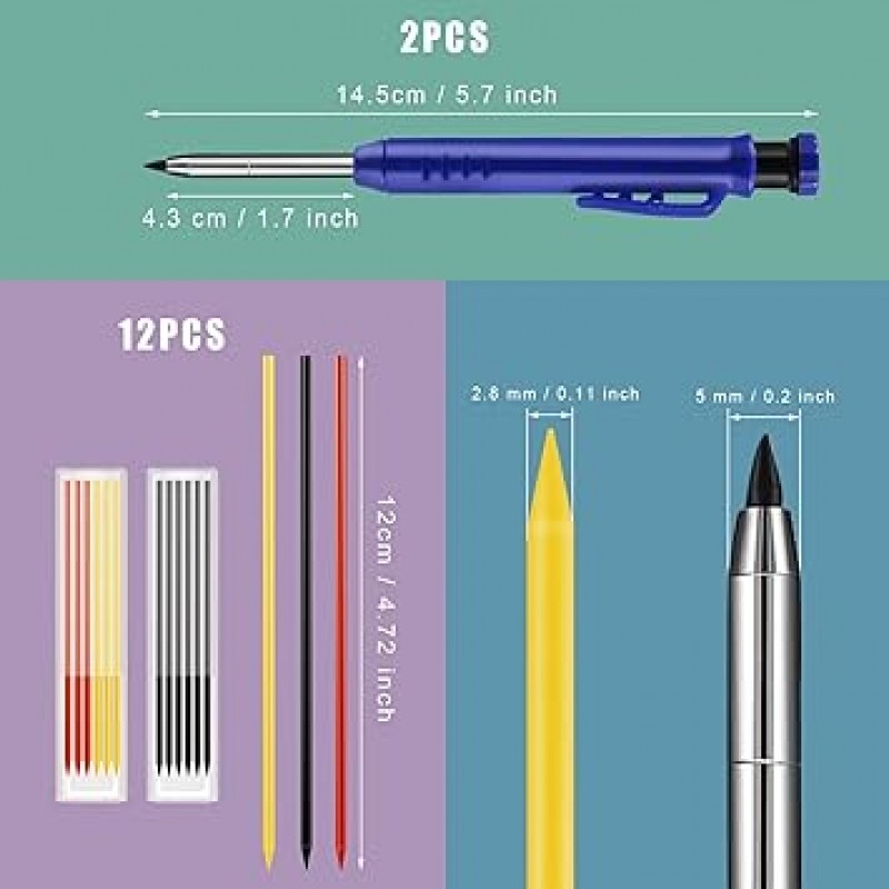 LUTER 연필 깎이기 부착 카펜타리 연필 2개, 솔리드 카펜타리 자동 연필 세트 14개 목공용 목공용 목공용 목공 연필 리필(파랑)