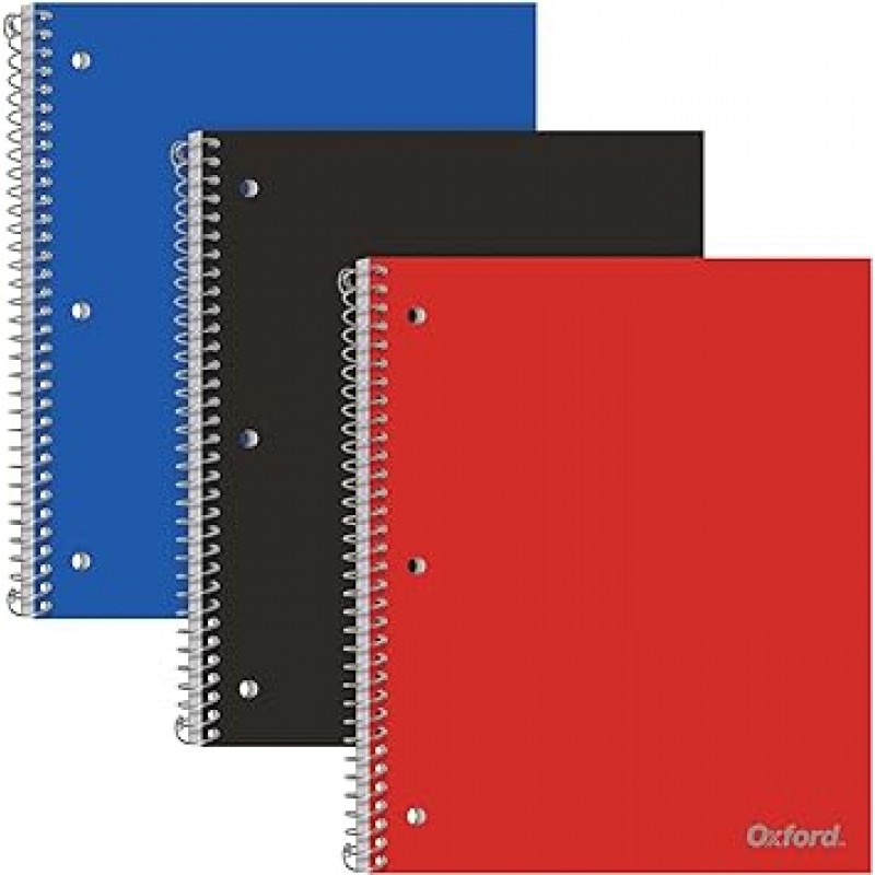 Oxford Spiral Notebook, 1 주제, College Ruled Paper, 내구성 있는 플라스틱 커버, 100장, 칸막이 포켓, 팩당 3개(10390)