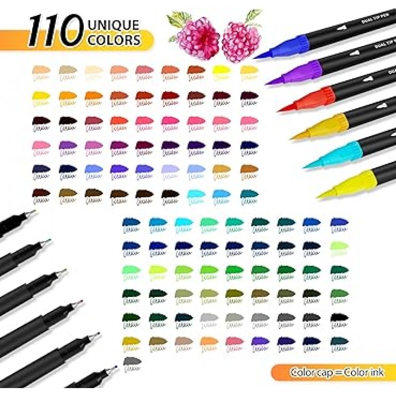 sunacme Art Supplier 듀얼 브러시 마커 펜 110 개 아티스트 컬러링 마커 세트 파인 라이너 & 브러시 팁 펜 프리미엄 케이스 포함 성인 색칠 공부 및 어린이 저널 그림 낙서 용