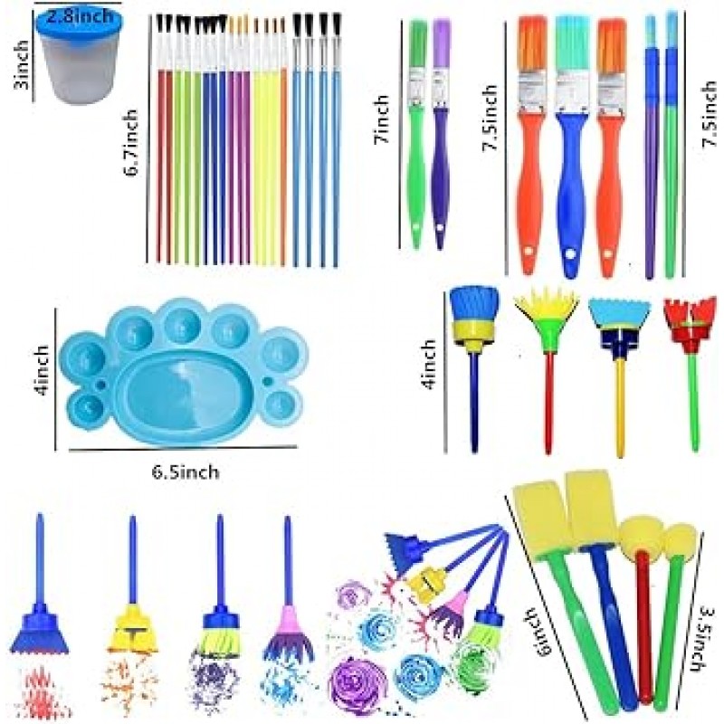 Fycooler 46 개 엎 지르지 않는 페인트 컵 세트 뚜껑과 페인트 브러시 팔레트 트레이 멀티 사이즈 페인트 펜 브러쉬 키트 유아 / 어린이 선물 학교 상품 아트 파티 수채화 낙서 아트 클래스 페인트