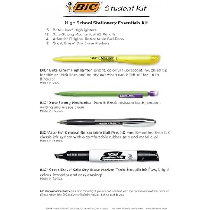 BIC 학생 키트, 다양한 고등학교 쓰기 필수품, 21개 - 볼펜, 샤프 펜슬, 형광펜, 드라이 지우기 마커 포함