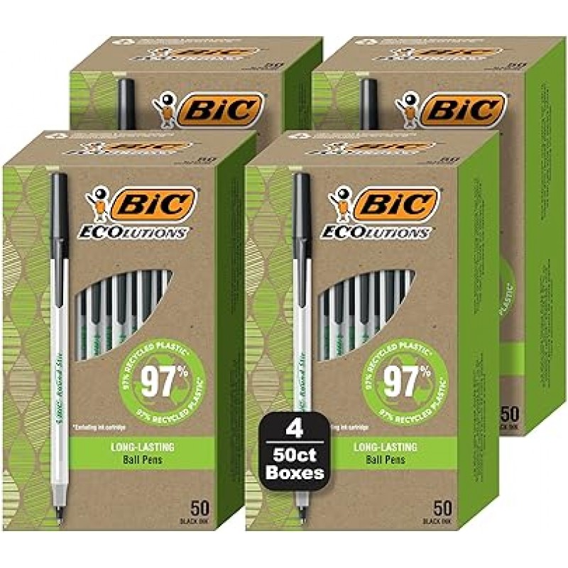 BIC ReVolution Round Stic Ball Pen, 74% 재활용 플라스틱 펜, 검정색, 중간 점(1.0mm), 100% 재활용 포장, 200개 팩