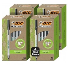 BIC ReVolution Round Stic Ball Pen, 74% 재활용 플라스틱 펜, 검정색, 중간 점(1.0mm), 100% 재활용 포장, 200개 팩