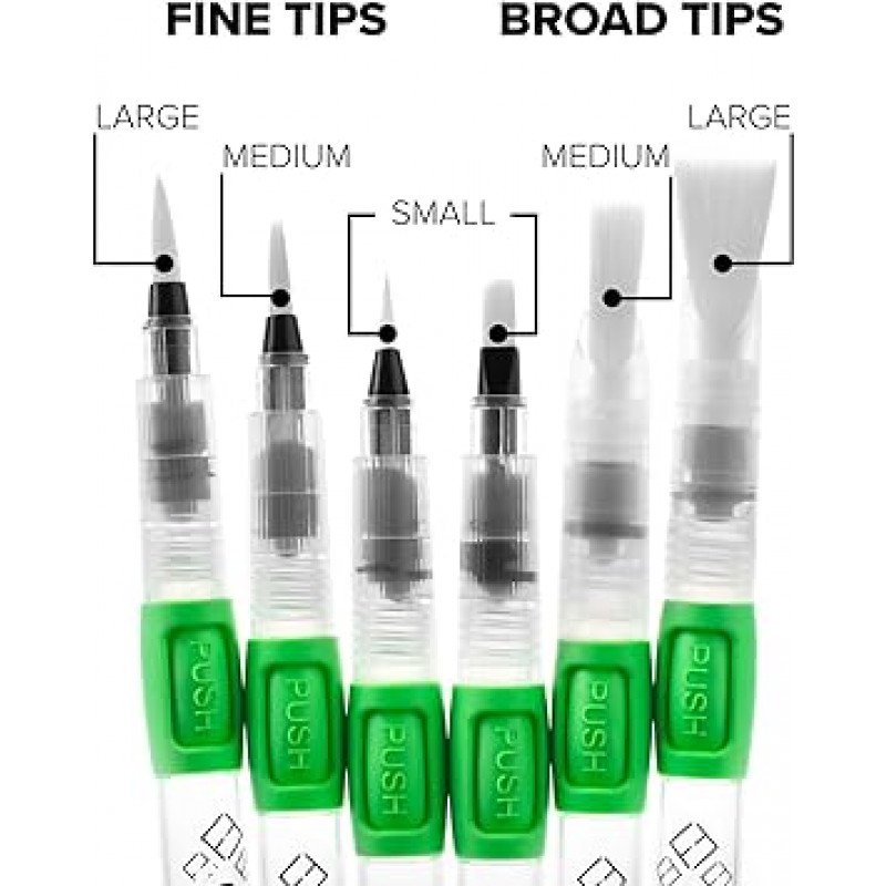 Gencrafts 워터 브러쉬 펜 6개 세트 어소트 팁 첨부 - 수채화, 펜, 연필 등에 사용 - 대용량의 셀프 모이스처 펜 브러쉬 다양한 페인트 스타일에 대응