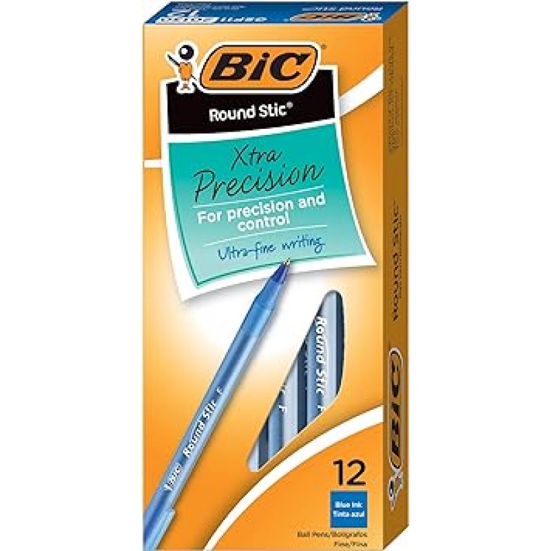 BIC 라운드 스틱 엑스트라 프리시전 볼펜, 파인 포인트(0.8mm), 블루, 12팩(12개)