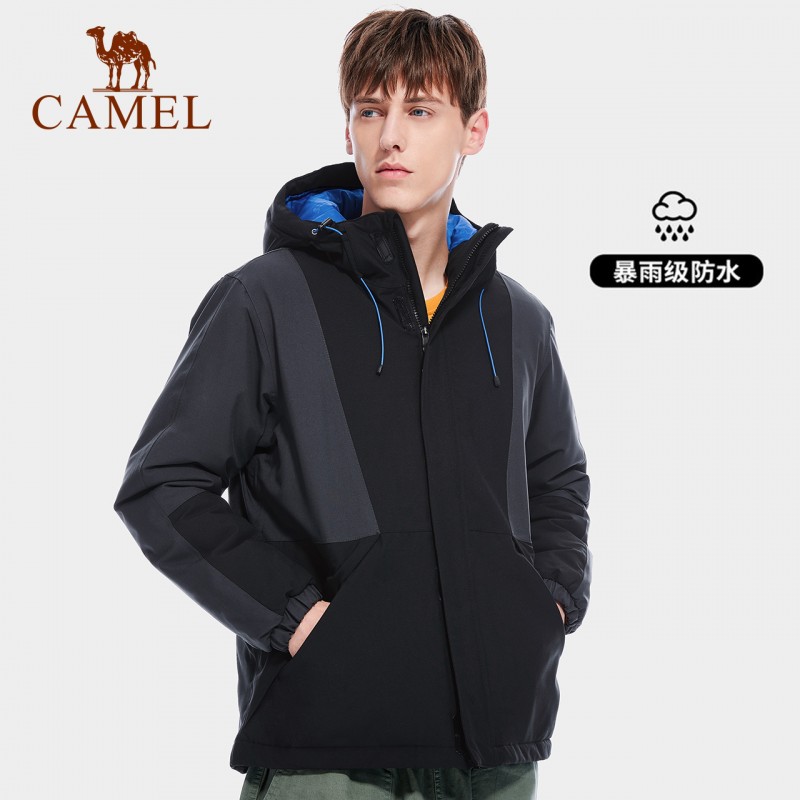 Camel 공식 플래그십 스토어 퀼팅 올인원 재킷, 대비되는 색상의 면 재킷, 남성용 및 여성용 야외 방수 등산 의류