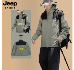 JEEP 지프 자켓 남성용 3 대 1 방풍 낚시 자켓 가을, 겨울 플러스 벨벳 두꺼운 야외 등산 의류