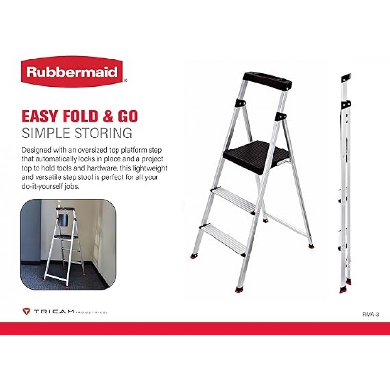 Rubbermaid RMA-3 3 프로젝트 상단이 있는 경량 알루미늄 스텝 스툴, 실버 3단