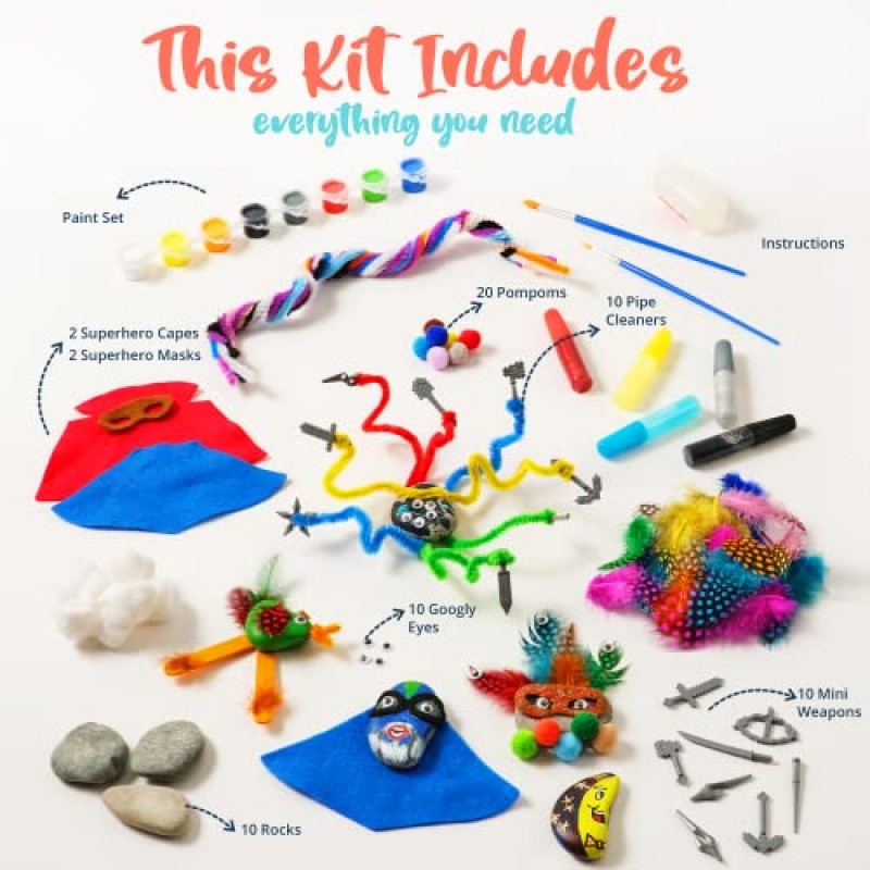 닌자, 전사, 슈퍼 히어로 장난감 액세서리, 페인트 세트 및 따라하기 쉬운 교육용 비디오가 포함된 6세 이상의 어린이를 위한 Bryte Rock 페인팅 키트; 예술 및 공예 생일 및 공휴일을 위한 훌륭한 선물