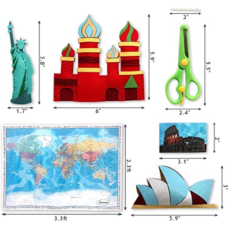 i-daum 어린이바느질 키트 - 전세계 랜드마크 공예 키트 w. 세계 지도, 정보 카드, 8-12세 남학생과 여학생을 위한 교육 예술 및 공예 선물, DIY 아동 펠트 봉제 프로젝트에는 37개 항목이 포함됩니다.