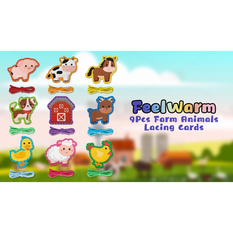 FeelWarm 9Pcs 농장 동물 레이싱 카드 바느질 카드 앞마당 파티 호의 레이싱 활동 게임 레이스 추적 문자열 스레딩 장난감 상상력 개발 어린이를위한 조기 교육 예술 공예 용품