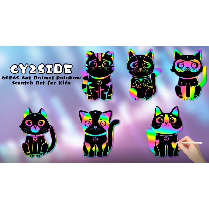 CY2SIDE 60PCS 어린이를위한 고양이 동물 무지개 색상 스크래치 북마크, DIY 고양이 무지개 색상 스크래치 공예 키트 생일 파티 장식, 생일 파티 호의를위한 Catling 애완 동물 매직 아트 무지개 색상 공예 키트