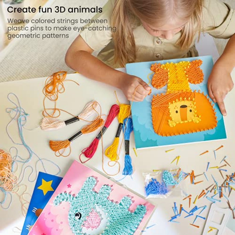 Arteza Kids String Art Kit, 5가지 동물 디자인 세트, 플라스틱 압정, 어린이 공예 프로젝트 및 자유 시간 활동을 위한 미술 용품