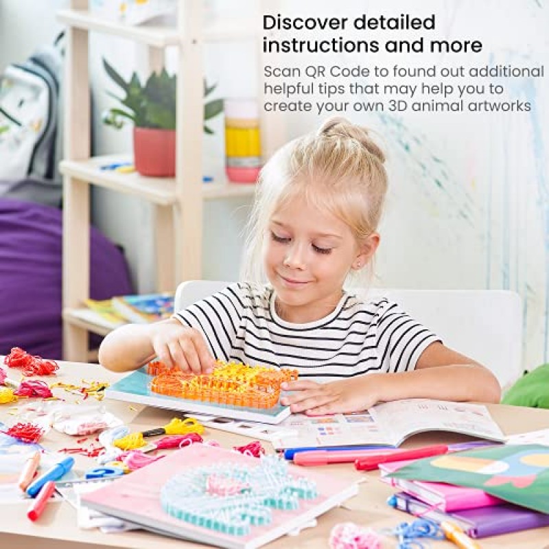 Arteza Kids String Art Kit, 5가지 동물 디자인 세트, 플라스틱 압정, 어린이 공예 프로젝트 및 자유 시간 활동을 위한 미술 용품