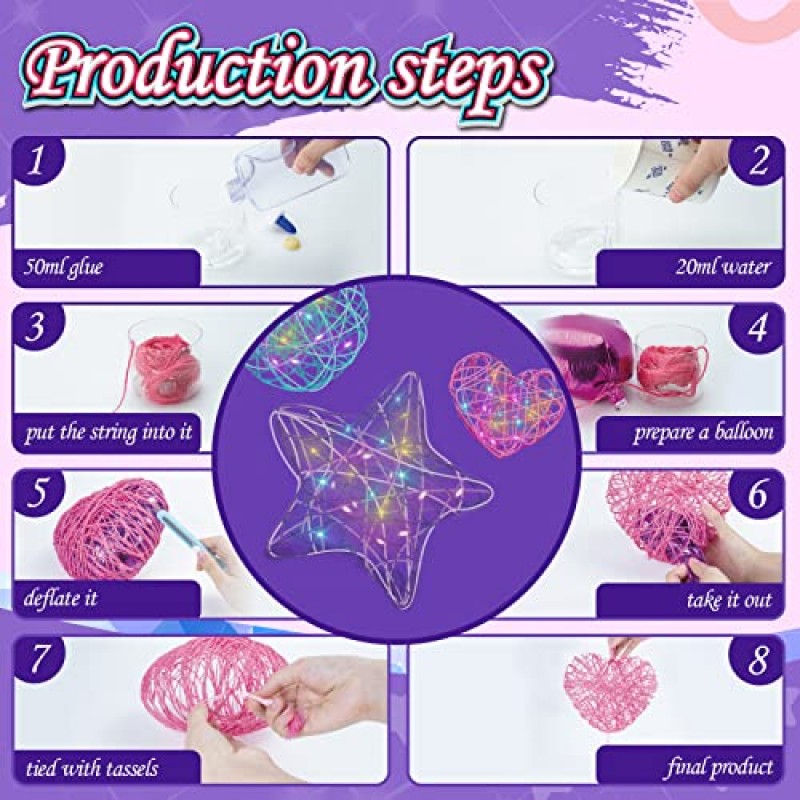 6-12세 어린이를 위한 Careenoah 예술 및 공예, 6 7 8 9 10 11 12세 소녀 및 소년을 위한 크리스마스 생일 선물, 3팩 3D 스트링 아트 키트, 하트 스타 라운드 랜턴 20개 다색 전구