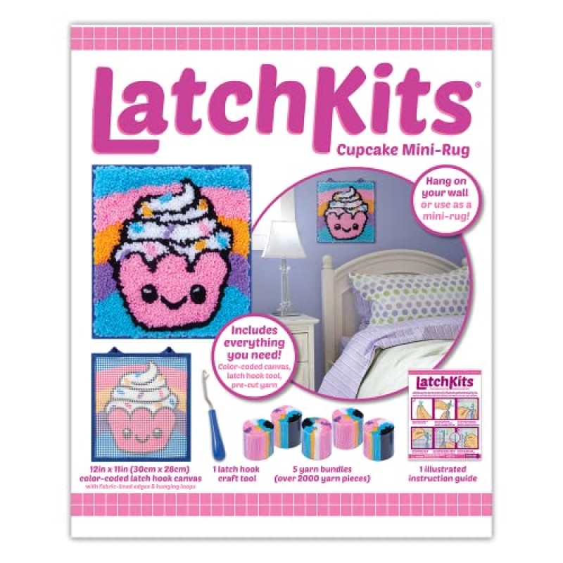 LatchKits 벽걸이 및 미니 러그용 래치 후크 키트 - 컵케이크 - 쉽고 색상으로 구분된 캔버스, 사전 절단된 실 및 래치 후크 도구가 포함된 공예 키트 - 어린이를 위한 완벽한 DIY 공예 - 6세 이상