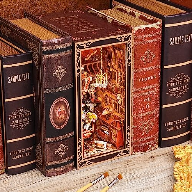 Minicity Book Nook Kit, DIY 소형 인형의 집 Booknook Kit, 청소년 및 성인을 위한 LED 조명이 포함된 3D 나무 퍼즐 북엔드 책장 삽입 장식, 황혼의 화가의 날