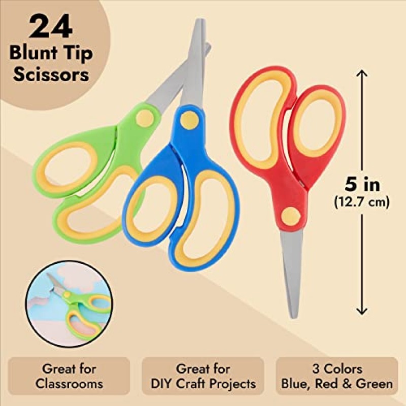 교실용 무딘 팁 어린이 가위 24개 팩, 공예용 대량 학생용 가위, DIY 프로젝트(3가지 색상)
