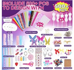 Loiion 500+Pcs 소녀를 위한 패션 디자인 키트, 소녀를 위한 DIY 예술 공예 키트 학습 장난감, 인형 옷 만들기 바느질 키트, 소녀를 위한 창의적인 생일 선물 공예 장난감 연령 8 9 10 11 12