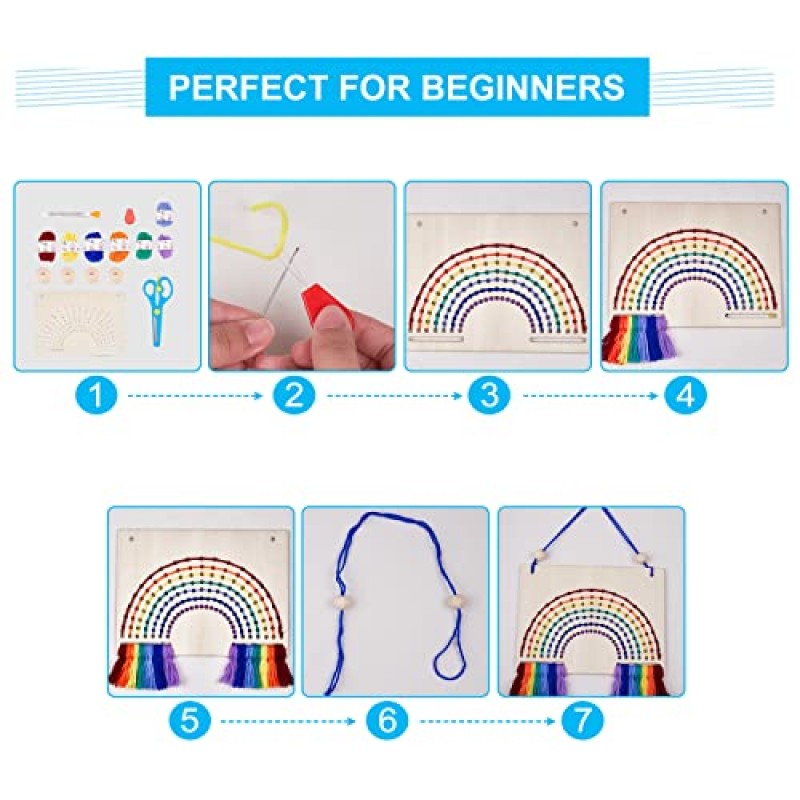 FREEBLOSS 2 세트 무지개 나무 스레딩 키트 첫 번째 바느질 키트 6.7'Hx9'W 나무 스티치 키트용 나무 바느질 키트 활동 키트 나무 무지개 매달려 장식