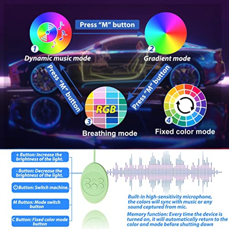 5 in 1 자동차 Led 스트립 조명, 실내 자동차 조명, RGB 색상이 포함된 주변 LED 조명 키트 광섬유 및 음악 동기화 리듬, 자동차 도어, 센터 콘솔 및 대시보드용 USB 네온 조명 액세서리