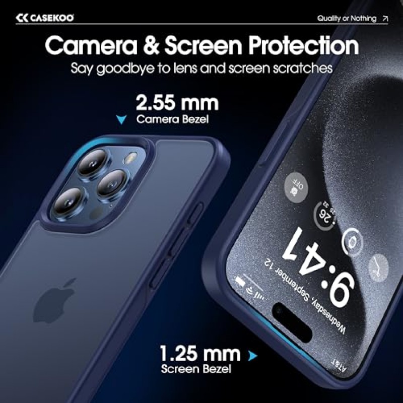 CASEKOO iPhone 15 Pro 케이스와 호환 가능 [10FT Mil-Grade Protection] [SGS 테스트 완료] 충격 방지 무광 탄투명 뒷면 슬림 지문 방지 미끄럼 방지 15 Pro 폰 케이스 6.1인치 2023 블루