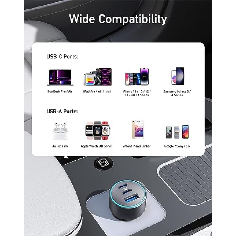 Anker USB-C 차량용 충전기, 67W 3포트 소형 고속 충전기, iPhone 15/15 Plus/15 Pro/15 Pro Max, Galaxy S23, MacBook Pro, iPad Air 등을 위한 PIQ 3.0 지원 535 차량용 어댑터(USB-C C 케이블 포함)