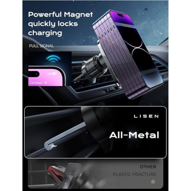 iPhone 15용 MagSafe 차량용 마운트 충전기용 LISEN, iPhone 차량용 액세서리용 15W 무선 ​​충전기 자기 전화 홀더 마운트, iPhone 15 Pro Max Plus Mini 14 13 12에 맞는 범용 벤트 차량용 충전기