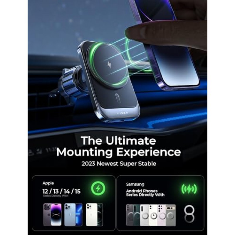 iPhone 15용 MagSafe 차량용 마운트 충전기용 LISEN, iPhone 차량용 액세서리용 15W 무선 ​​충전기 자기 전화 홀더 마운트, iPhone 15 Pro Max Plus Mini 14 13 12에 맞는 범용 벤트 차량용 충전기