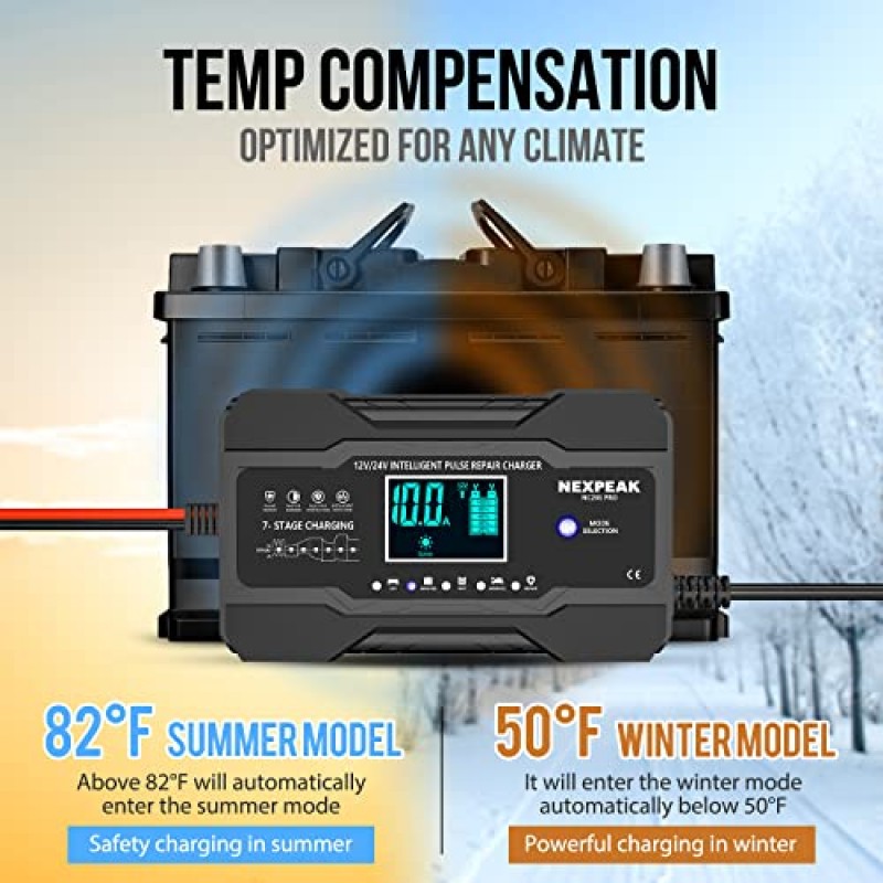 NEXPEAK 10Amp 차량용 배터리 충전기, 12V 및 24V 스마트 완전 자동 유지 보수 세류 충전기(트럭 오토바이 잔디 깎는 기계 보트 해양 납산 배터리용 온도 보상 포함)