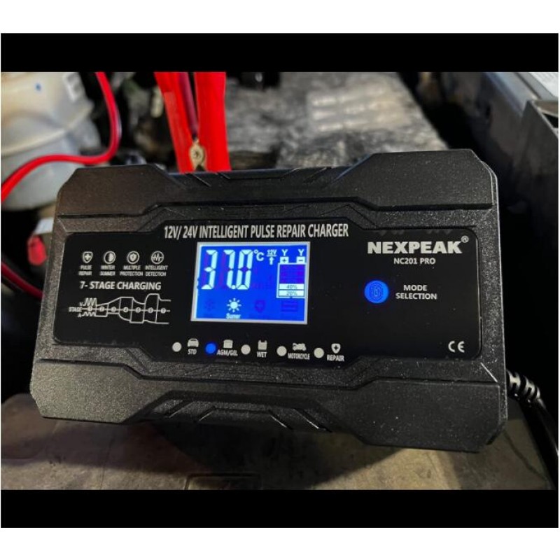 NEXPEAK 10Amp 차량용 배터리 충전기, 12V 및 24V 스마트 완전 자동 유지 보수 세류 충전기(트럭 오토바이 잔디 깎는 기계 보트 해양 납산 배터리용 온도 보상 포함)