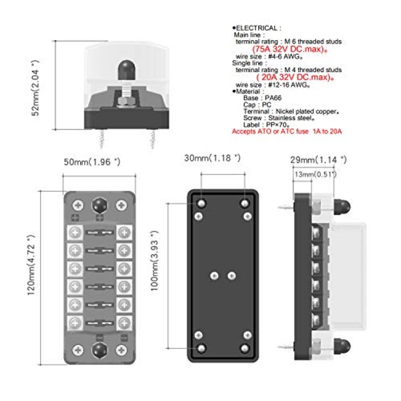 E-Bro 12V 퓨즈 블록, 해양 퓨즈 블록, 네거티브 버스가 있는 블레이드 퓨즈 블록 ​​ATC/ATO 12V/24V 자동차/자동차/트럭/보트/해양/RV(6방향)용 방수 자동차 퓨즈 박스