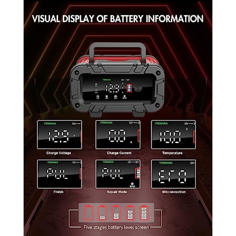 YONHAN 배터리 충전기 10Amp, 초대형 디스플레이 화면을 갖춘 업그레이드된 12V/24V 차량용 배터리 충전기, 완전 자동 스마트 세류 충전기 자동차, 배터리 유지관리자