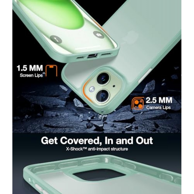 iPhone 15 케이스용으로 설계된 TORRAS 충격 방지 [12FT 군용 등급 낙하 보호] 반투명 후면 실리콘 엣지가 있는 iPhone 15 휴대폰 케이스용 보호용 하드 매트 슬림 휴대폰 케이스, 6.1인치 녹색