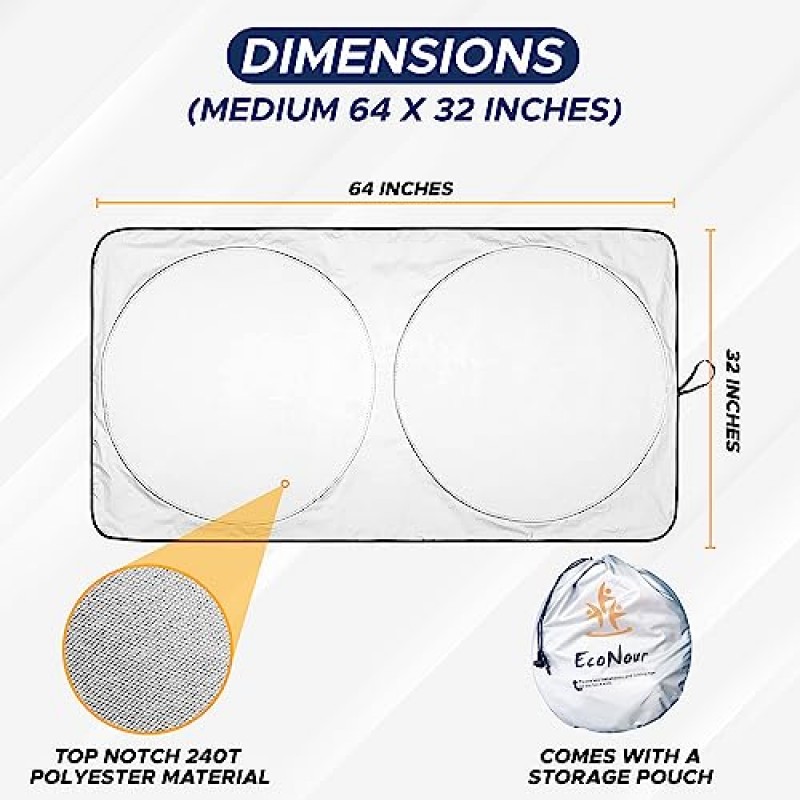 EcoNour 자동차 앞유리 차양 | 반사판 차양은 자동차 인테리어에 대한 최고의 보호 기능을 제공합니다 | 소형 세단, 미니 SUV 및 해치백에 적합한 멋진 자동차 반사 자외선 차단제 | 중형(64x32인치)