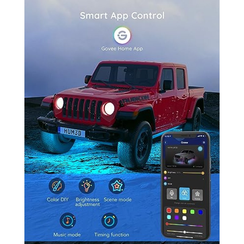 Govee 언더글로우 자동차 조명, 4개 RGBIC 스마트 LED 조명, 1,600만 색상 및 앱 제어 기능이 있는 10가지 장면 모드, 자동차, SUV, 트럭, DC 12-24V용 음악 모드 2개