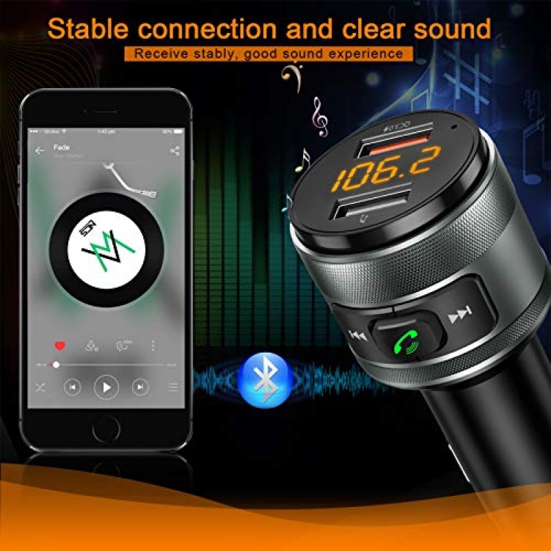 IMDEN 차량용 Bluetooth 5.0 FM 송신기, 3.0 무선 Bluetooth FM 라디오 어댑터 음악 플레이어 FM 송신기/차량용 키트(핸즈프리 통화 및 2개의 USB 포트 충전기 지원 USB 드라이브 포함)