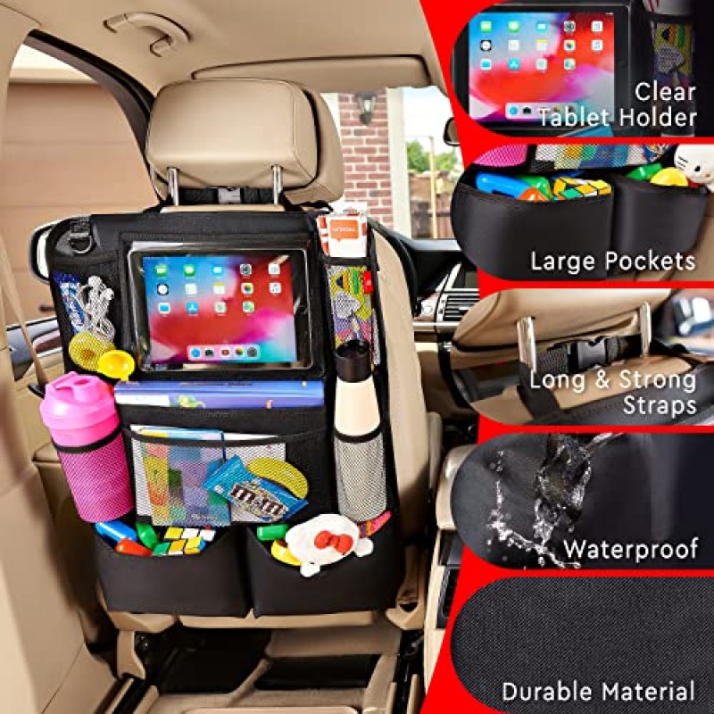 Helteko 뒷좌석 자동차 정리함, 킥 매트 터치 스크린 태블릿 홀더가 있는 뒷좌석 보호대, 어린이를 위한 자동차 뒷좌석 정리함, 자동차 여행용 액세서리, 9개의 수납 포켓이 있는 킥 매트 2팩, 블랙