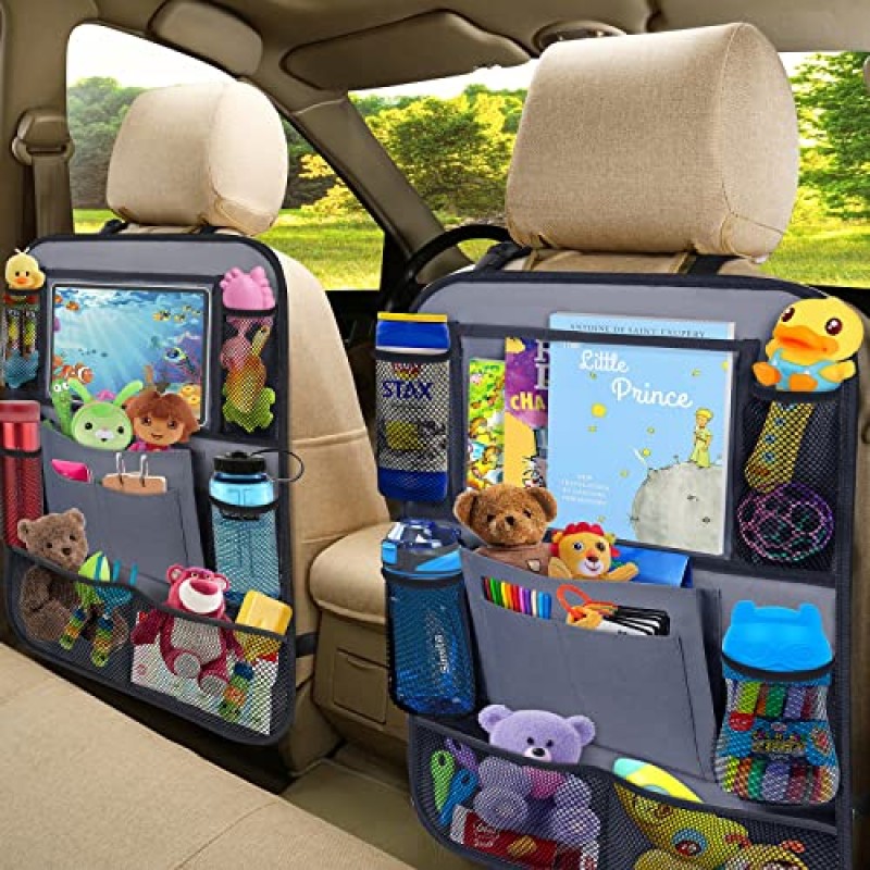 ULEEKA 자동차 뒷좌석 정리함(11인치 테이블 홀더, 9개 수납 포켓 포함) 좌석 등받이 보호대 어린이용 킥 매트 유아, 여행용 액세서리, 2팩, 회색