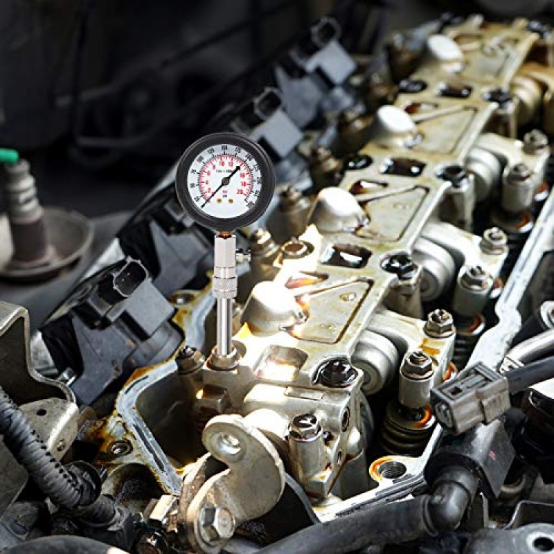 8PCS 압축 테스터 키트 0-300 PSI 가솔린 가스 엔진 실린더 압력 게이지 오토바이 자동차 트럭 용 자동차 도구 (빨간색)