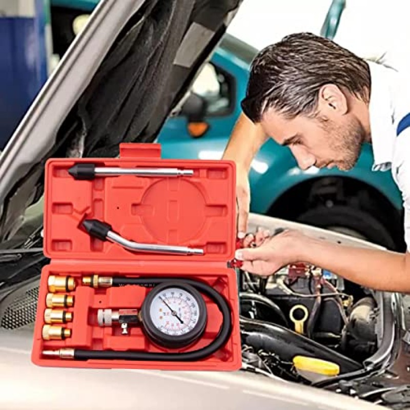8PCS 압축 테스터 키트 0-300 PSI 가솔린 가스 엔진 실린더 압력 게이지 오토바이 자동차 트럭 용 자동차 도구 (빨간색)