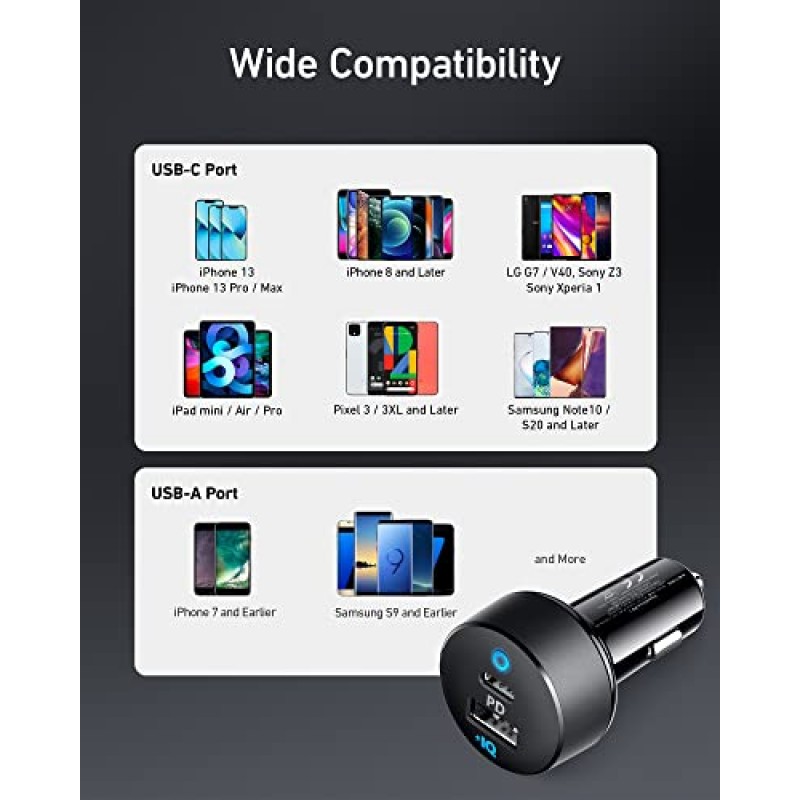 Anker USB C 차량용 충전기, 20W 전원 공급 및 12W PowerIQ 기능을 갖춘 32W 2포트 유형 C 소형 차량용 충전기, iPhone 14 13 12 11 Pro Max, Pixel 3 2 XL, iPad Pro 등용 LED가 있는 521 차량용 충전기(32W)