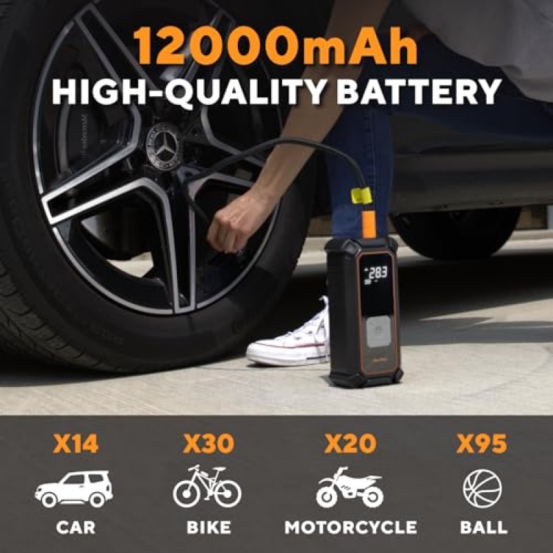 OlarHike 휴대용 타이어 팽창기 - 자동 차단 기능이 있는 자동차 타이어용 공기 압축기 - 120psi 디지털 압력 게이지 및 비상 LED 조명 - 무선 및 소형 자동차 펌프 - 검정색과 주황색