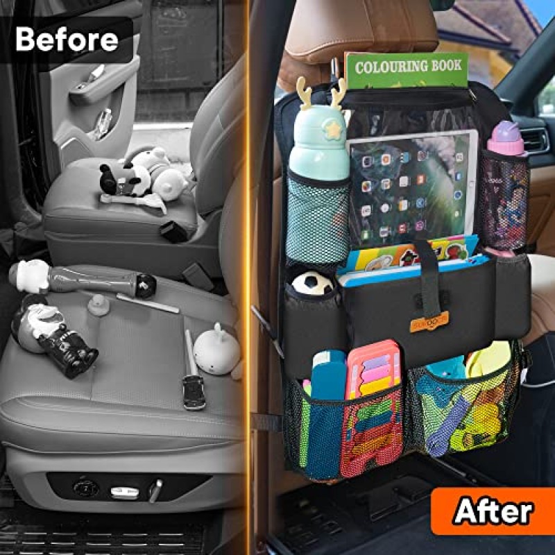 SURDOCA 차량 정리함 및 보관함, 11인치 터치스크린 태블릿 홀더가 포함된 업그레이드된 카시트 정리함, 9개의 포켓이 있는 뒷좌석 차량 정리함, 어린이를 위한 카시트 보호대 도로 여행 필수품, 1팩