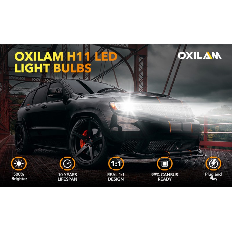 OXILAM 2023 업그레이드된 H11 LED 전구, 16000LM 500% 더 밝은 1:1 크기, 6500K 쿨 화이트 무선 H9 H8 LED 전구, Canbus 할로겐 교체 플러그 앤 플레이, 2개 팩